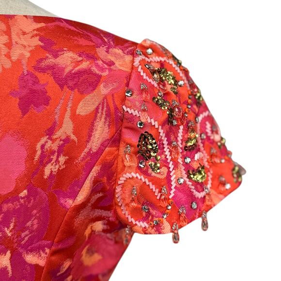 Rickie Freeman Teri Jon Orange Short Sleeve Floral Beaded V-Neck Dress Size 8 - Picture 4 of 10